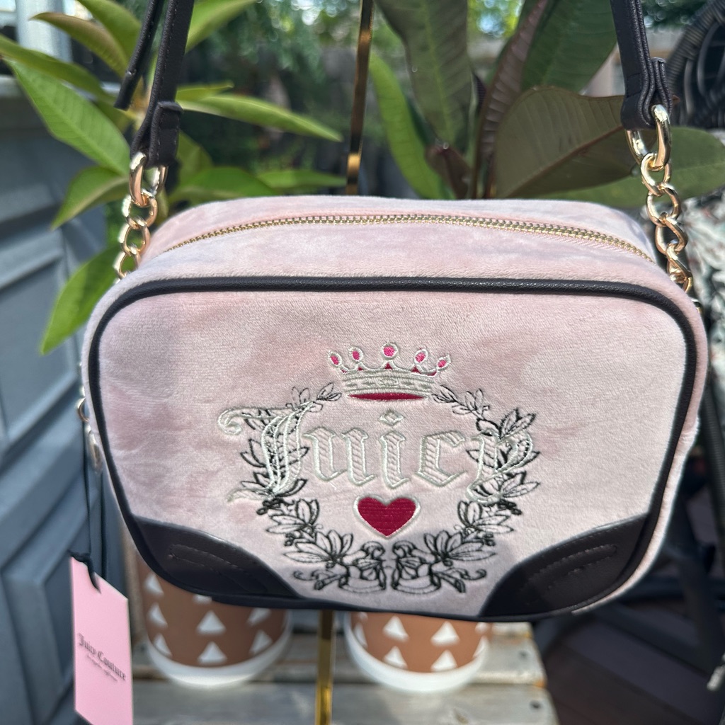 Juicy Couture Pink And Black Velvet Crossbody Bag With Gold Chain Nwt